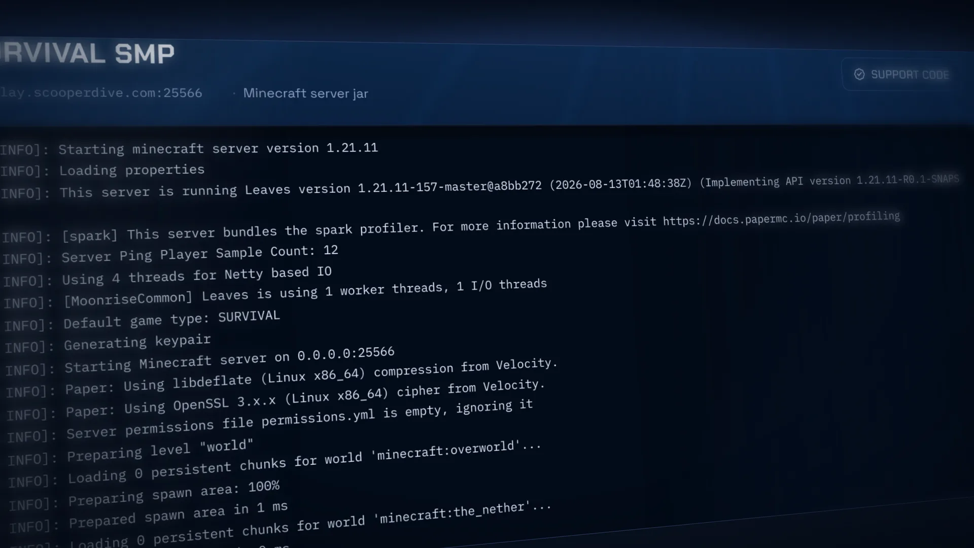 Close-up of a Minecraft server console in scoopeRDive.