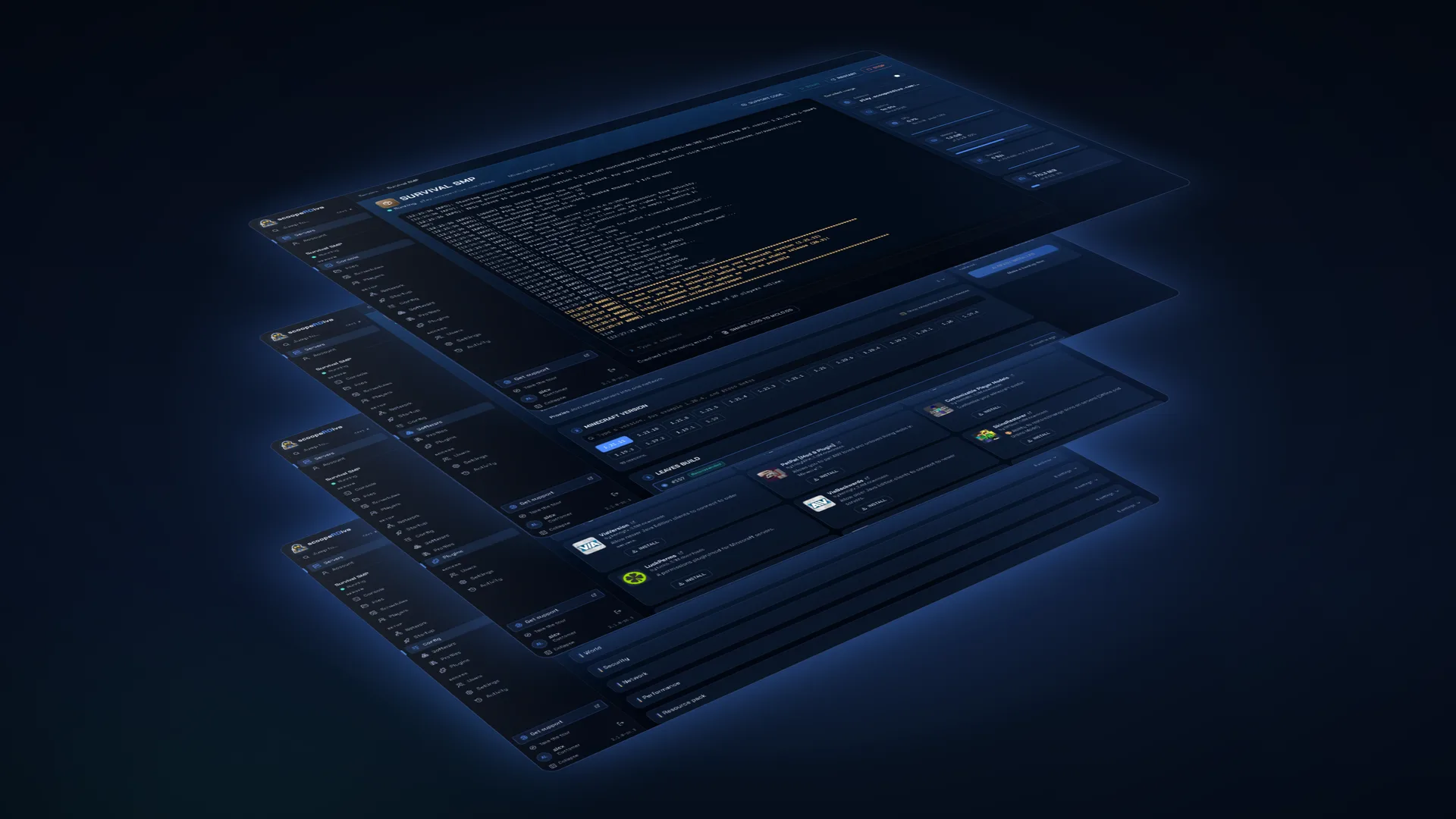 Four scoopeRDive screens stacked in layers: console, software, plugins and settings.