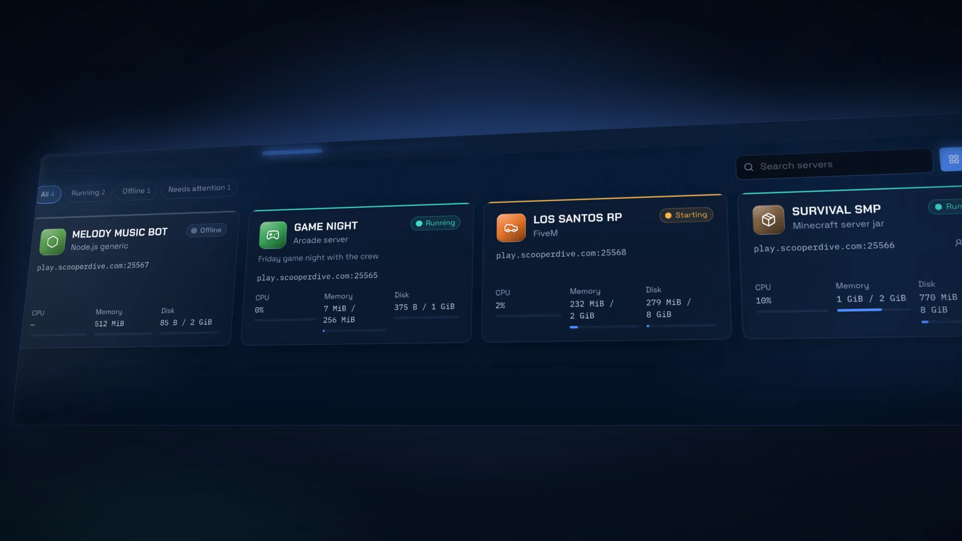 Server cards showing Running, Starting and Offline states.