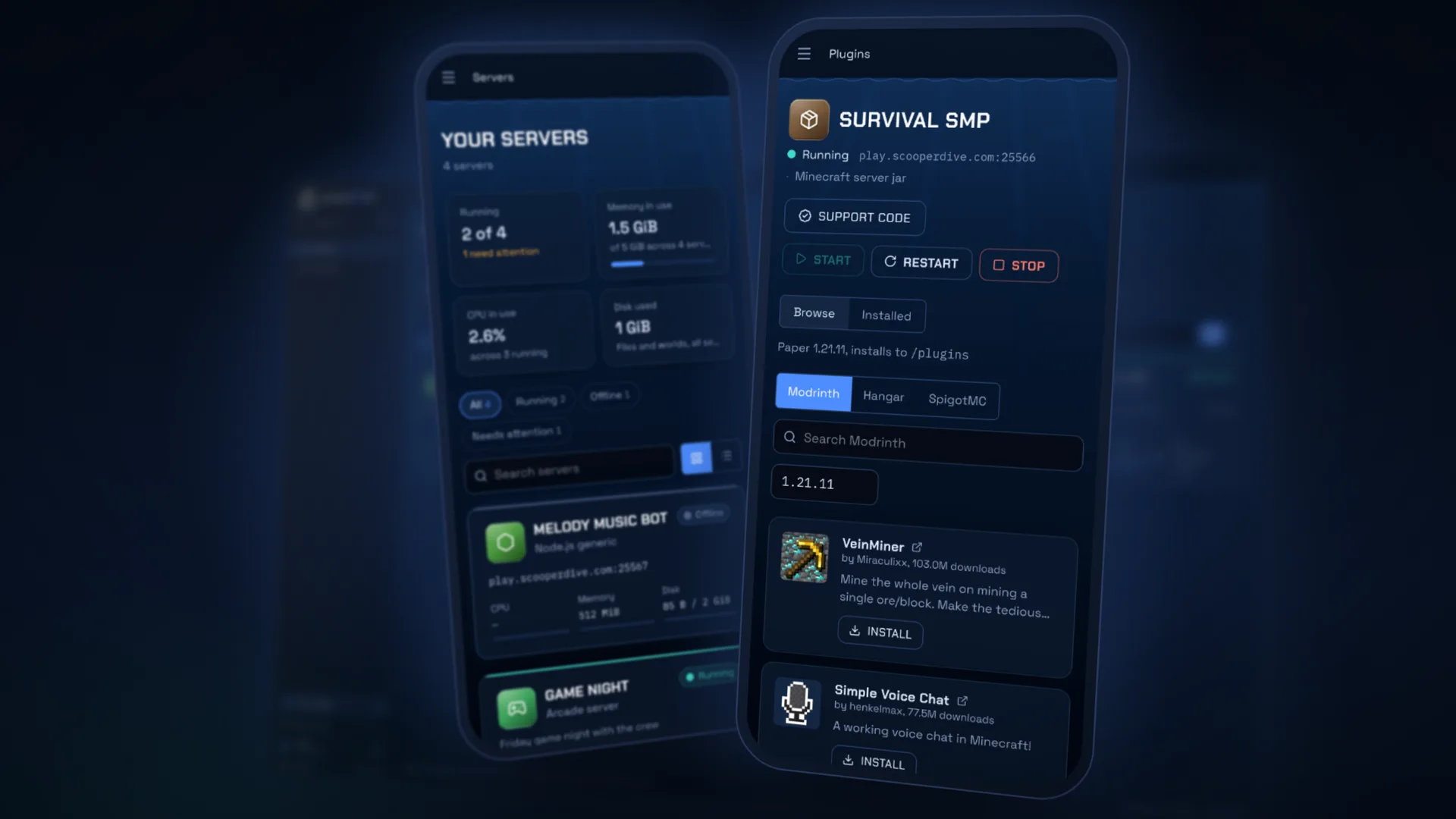 Two phones showing the scoopeRDive dashboard and plugin browser.