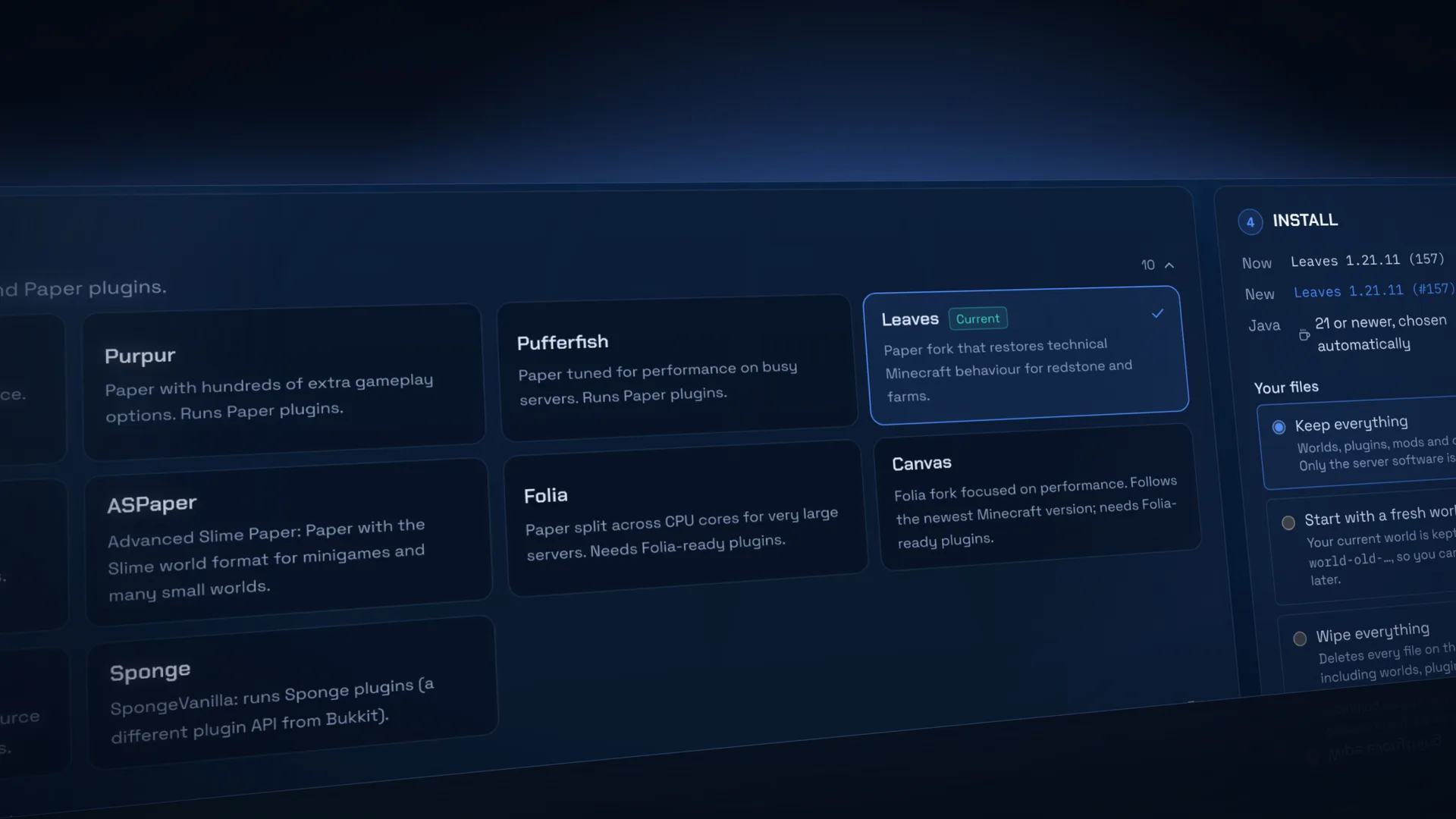 The server type picker showing Paper, Purpur, Pufferfish, Leaves, Folia and more.