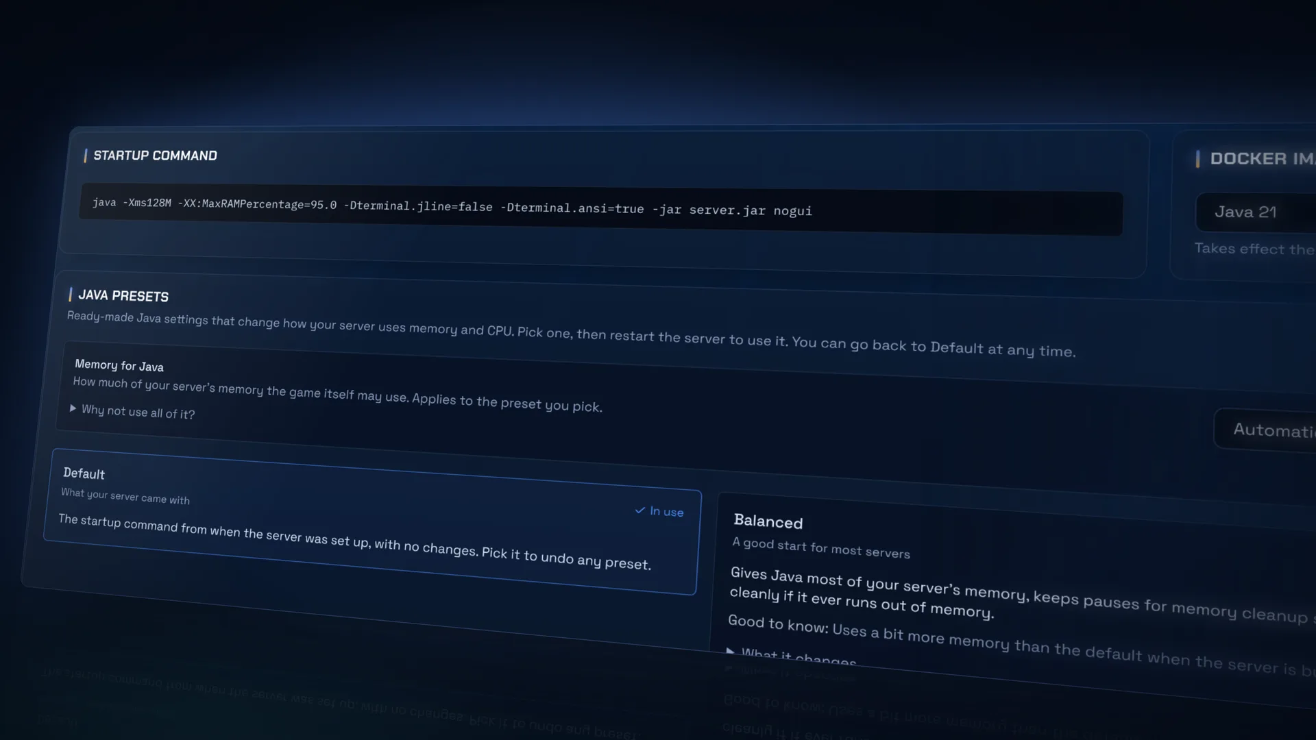 Java preset cards with a Recommended option.